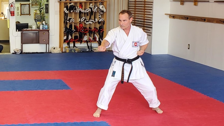 Dr. Jim Reilly performing the kata Sochin for 6th Degree Black Belt